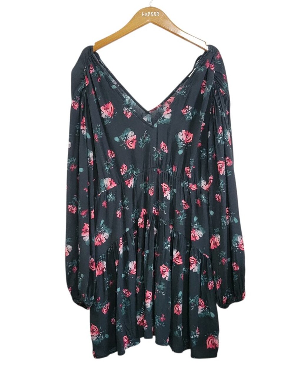 A New Day Tunic Top Dress Womens XL Black Floral Tiered Romantic Boho Cottage